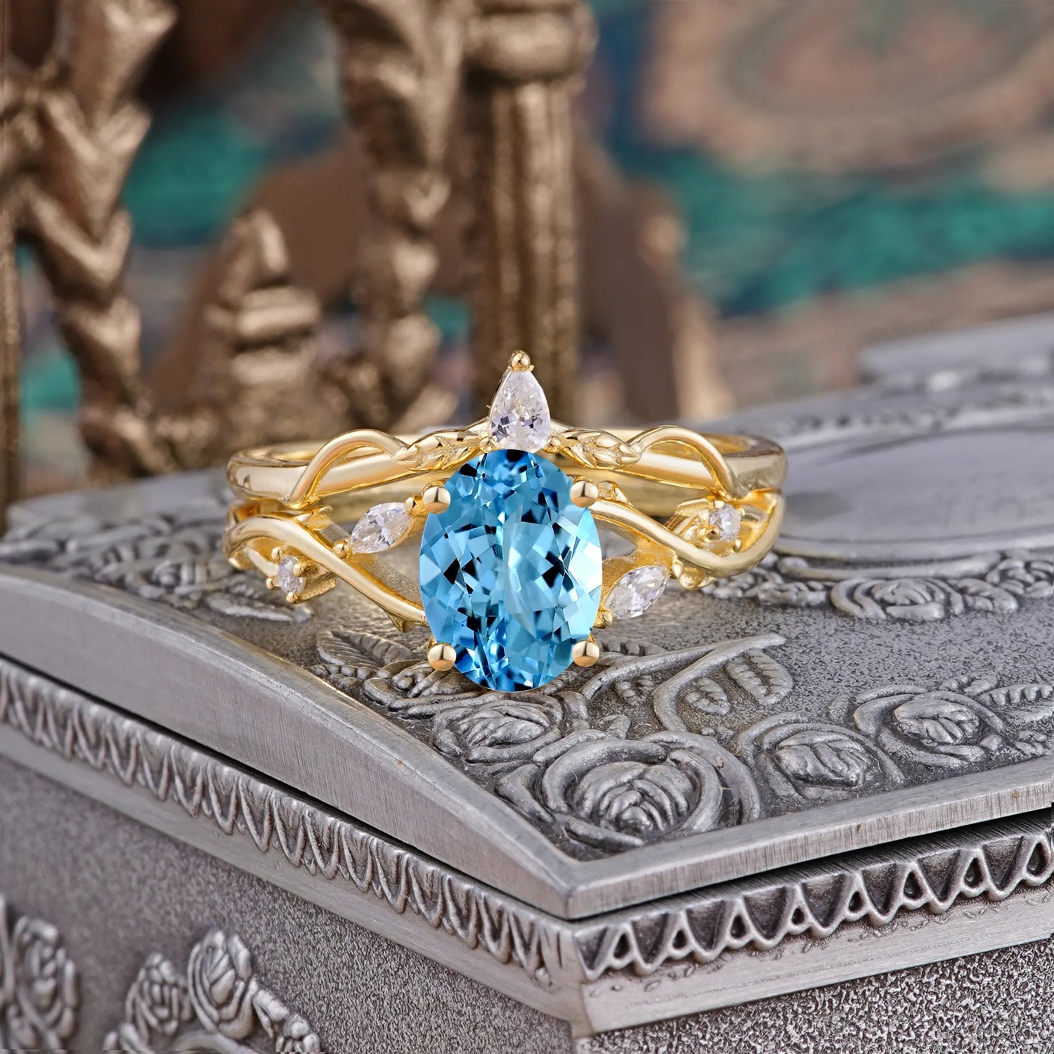 Enchanted 4-Prong Oval Cut Aquamarine Stacking Bridal Ring Set