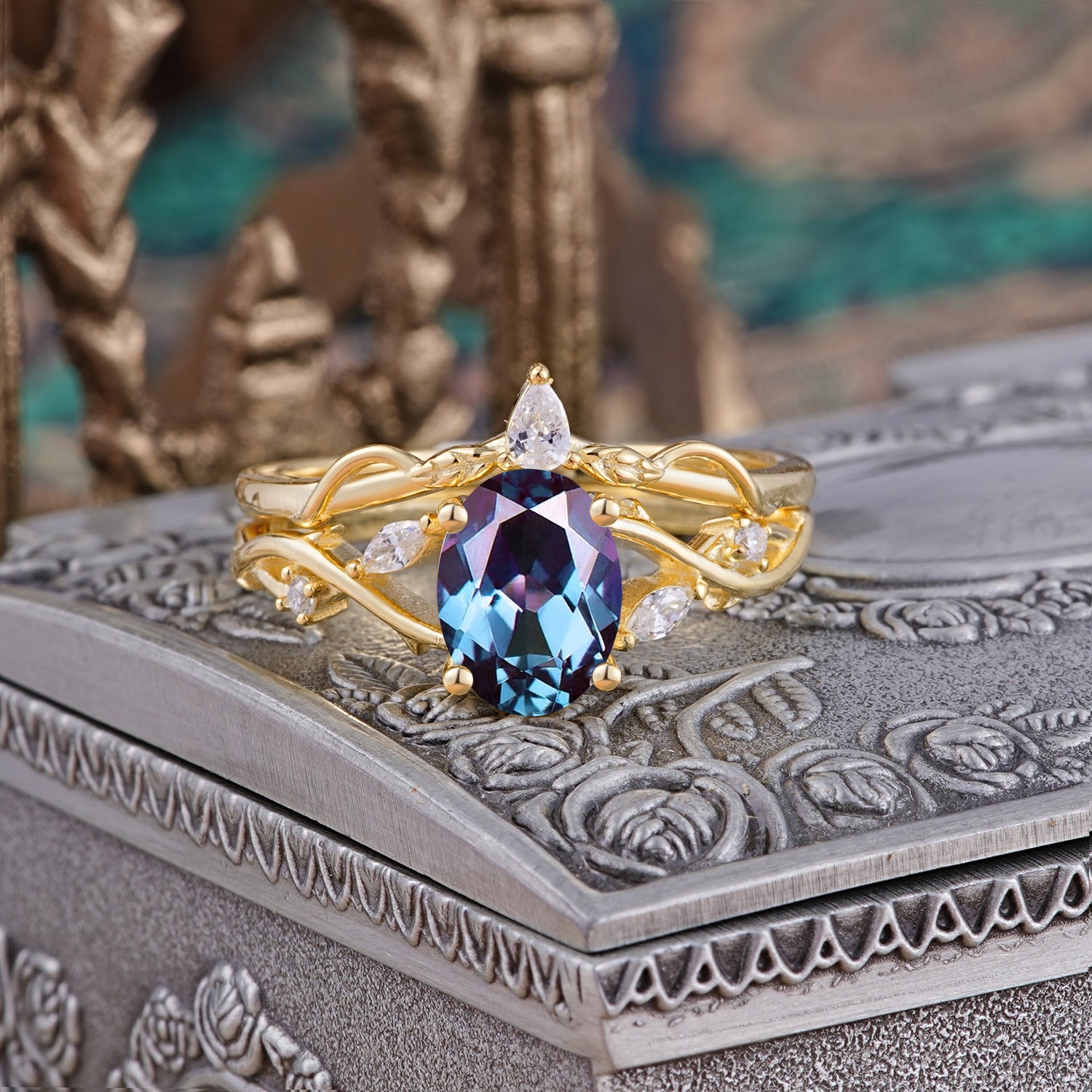 Enchanted 4-Prong Oval Cut Alexandrite Stacking Bridal Ring Set