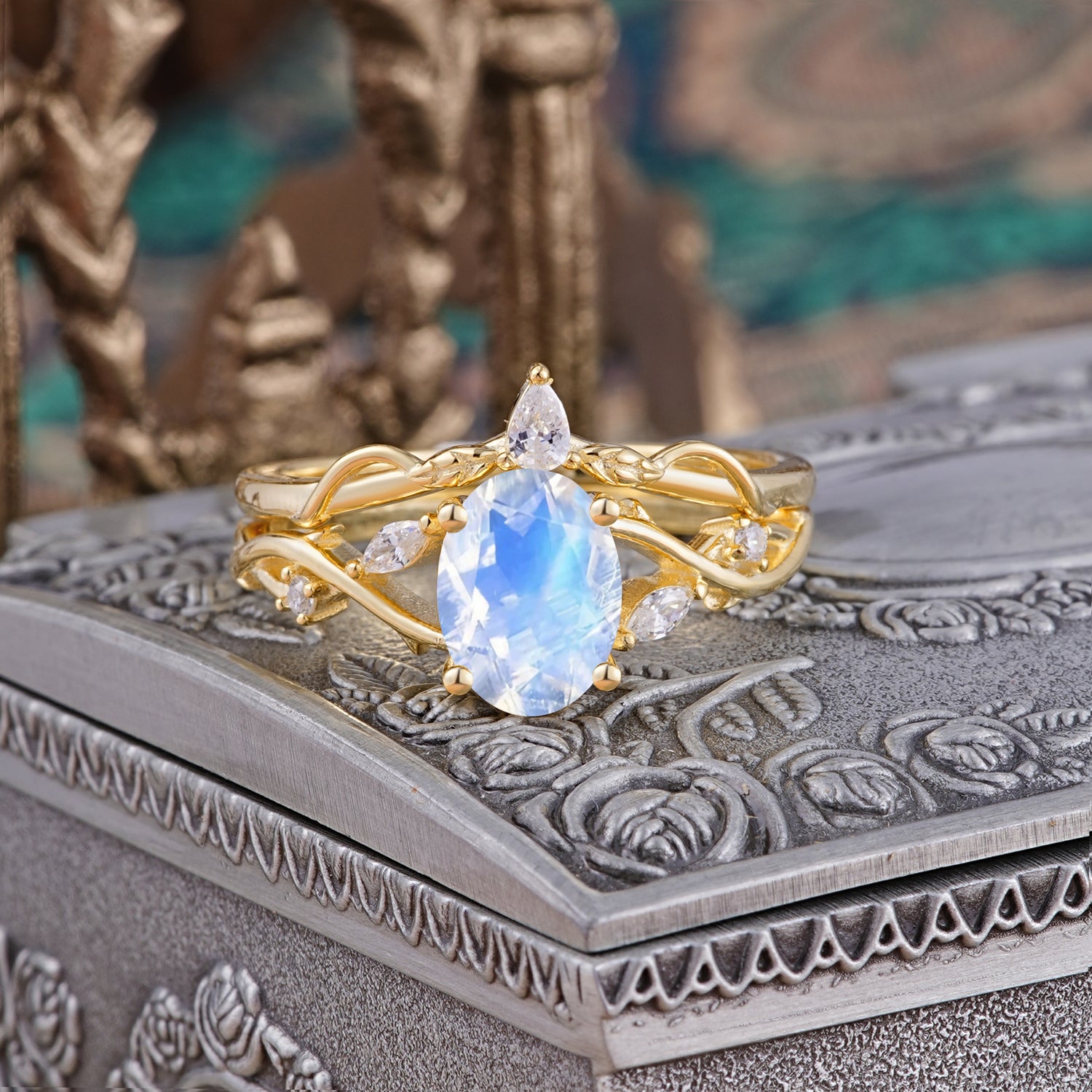 Enchanted 4-Prong Oval Cut Moonstone Stacking Bridal Ring Set - Romalar Jewelry