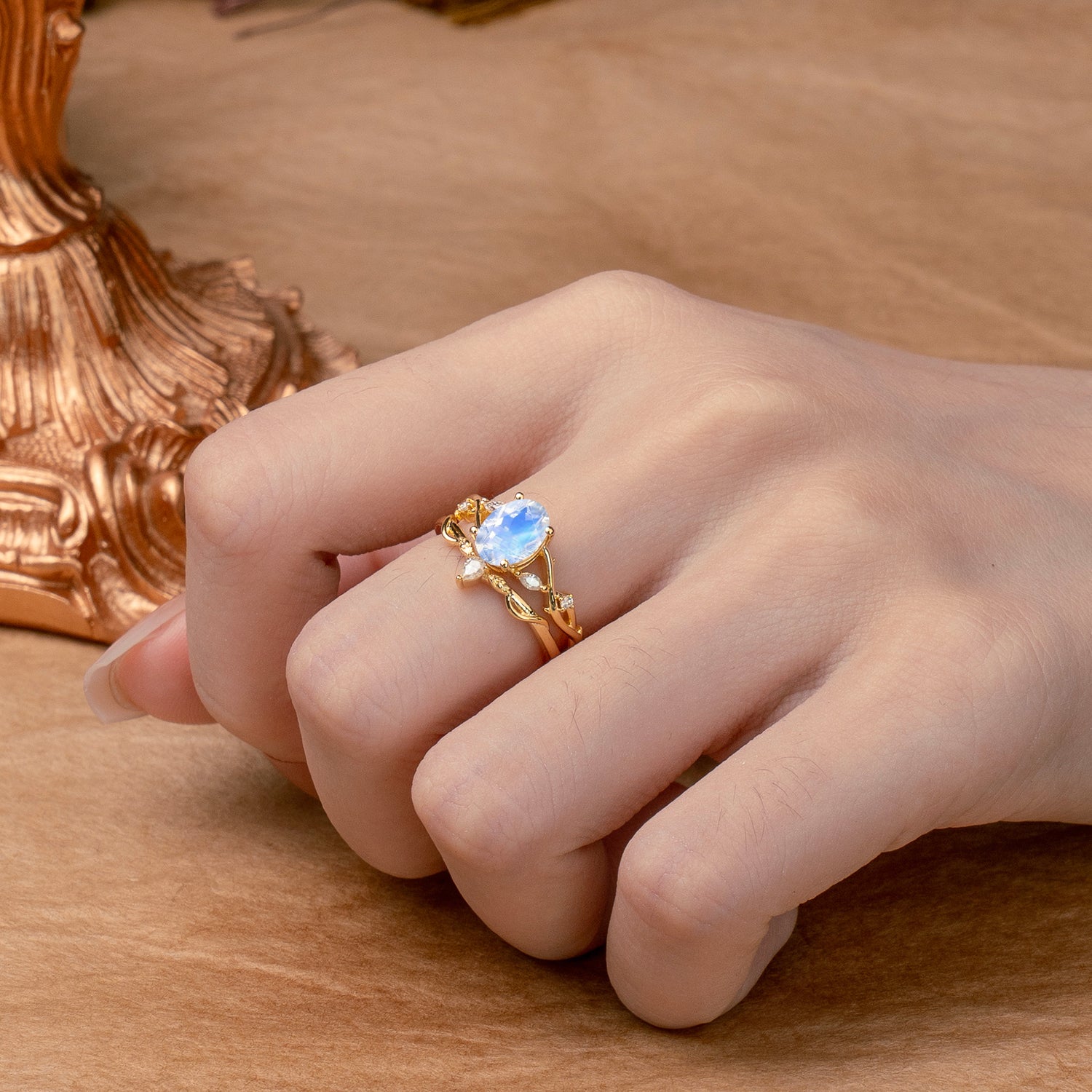 Enchanted 4-Prong Oval Cut Moonstone Stacking Bridal Ring Set - Romalar Jewelry