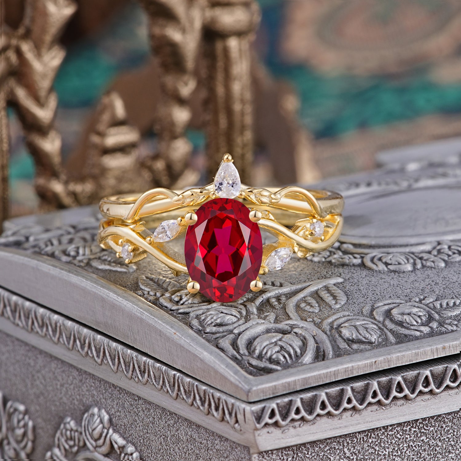 Enchanted 4-Prong Oval Cut Ruby Stacking Bridal Ring Set