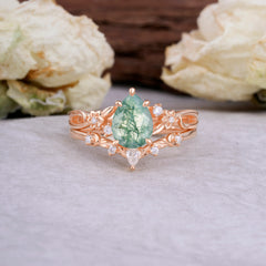 Art Nouveau 5-Prong Pear Cut Natural Moss Agate Ring