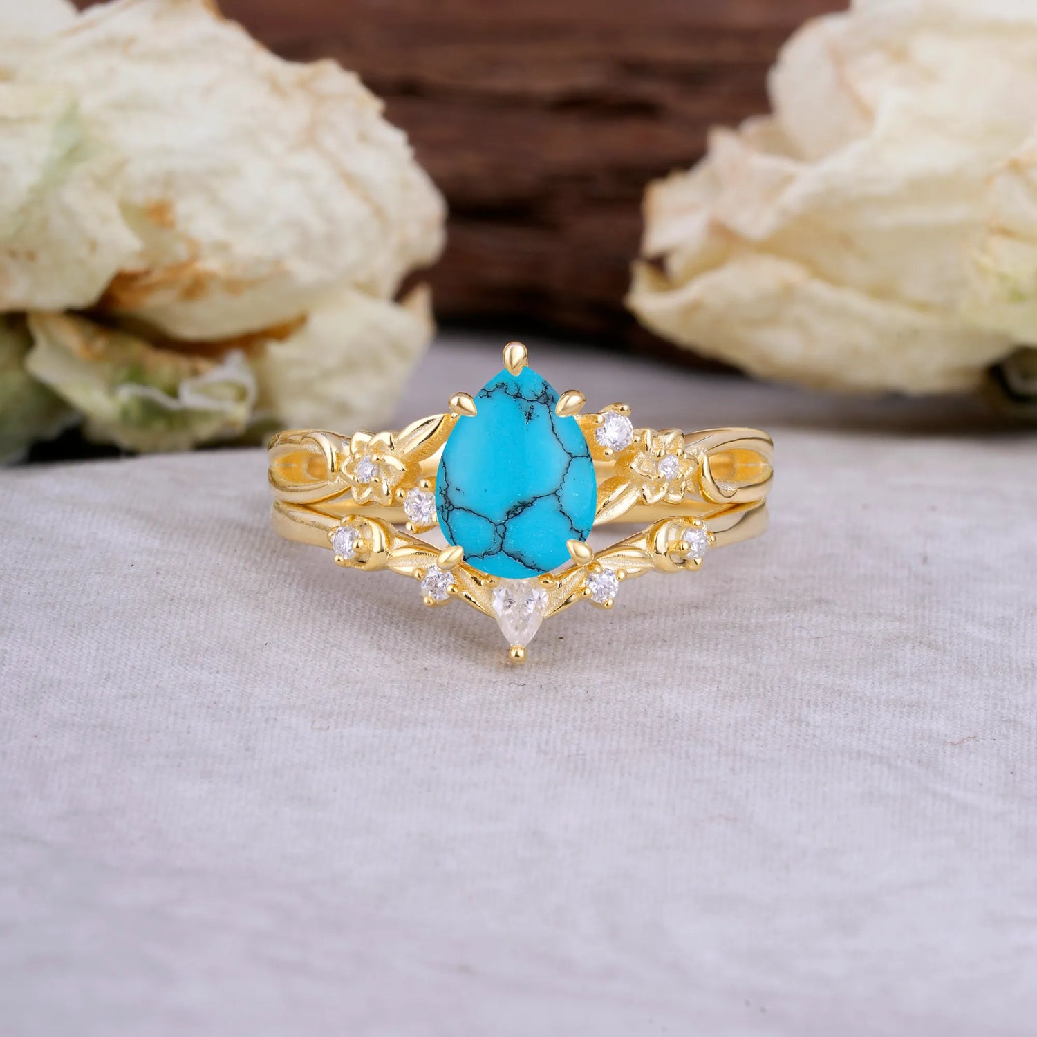 Art Nouveau 5-Prong Pear Cut Turquoise Bridal Ring Set