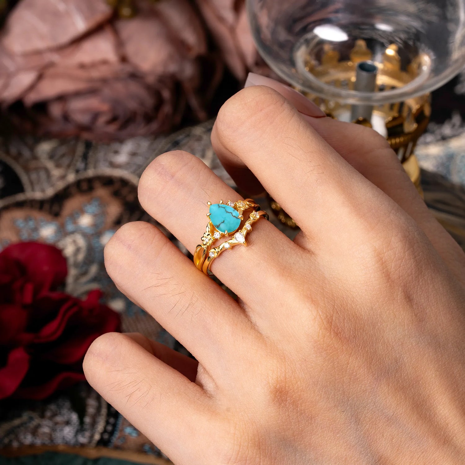 Art Nouveau 5-Prong Pear Cut Turquoise Bridal Ring Set
