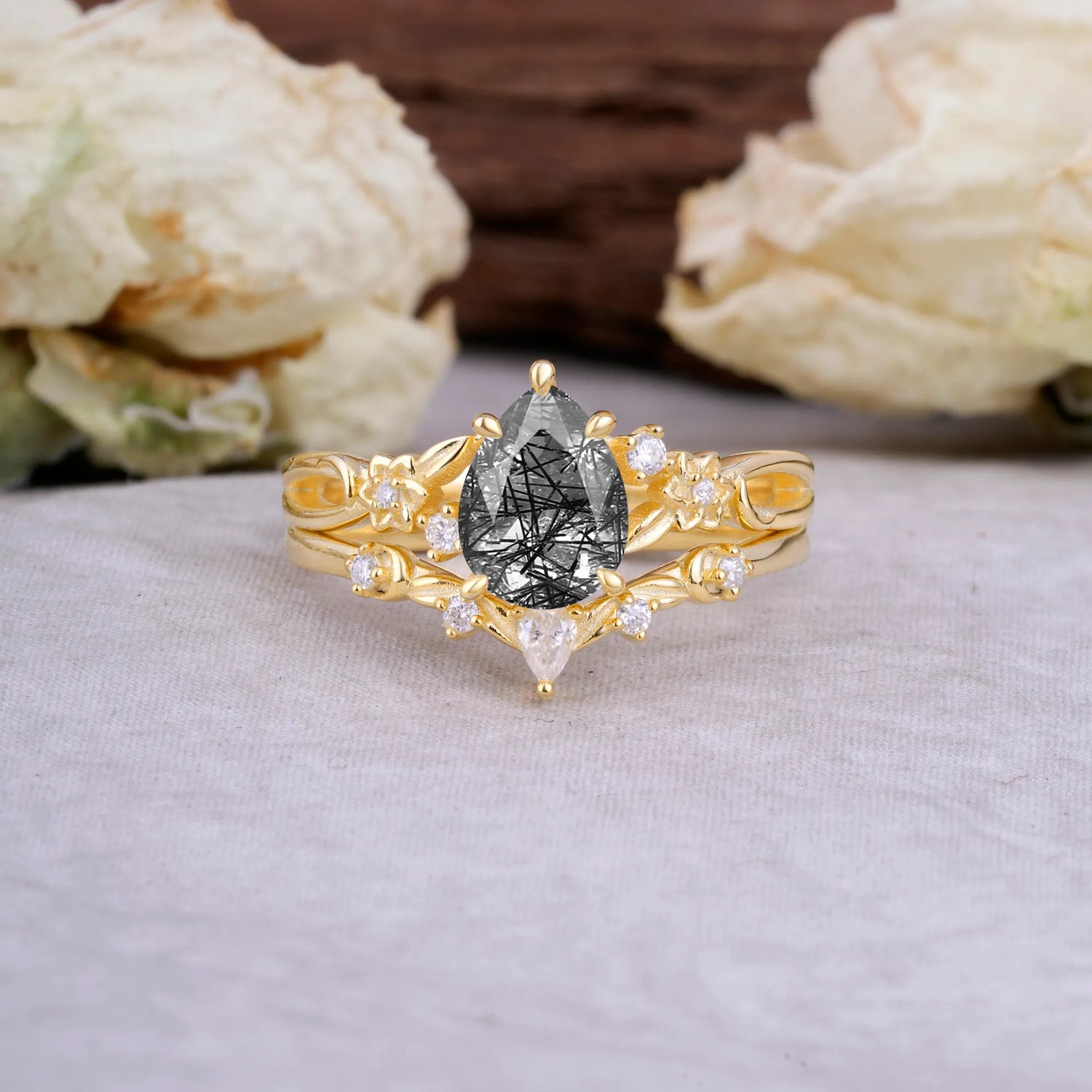 Art Nouveau 5-Prong Pear Cut Black Rutilated Quartz Bridal Ring Set