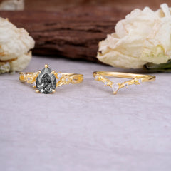 Art Nouveau 5-Prong Pear Cut Black Rutilated Quartz Ring