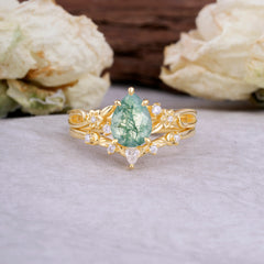 Art Nouveau 5-Prong Pear Cut Natural Moss Agate Ring