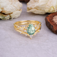 Art Nouveau 5-Prong Pear Cut Natural Moss Agate Ring