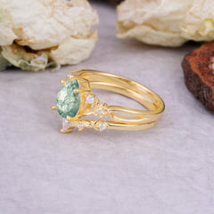 Art Nouveau 5-Prong Pear Cut Natural Moss Agate Ring