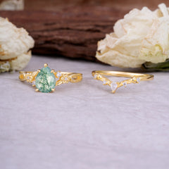 Art Nouveau 5-Prong Pear Cut Natural Moss Agate Ring