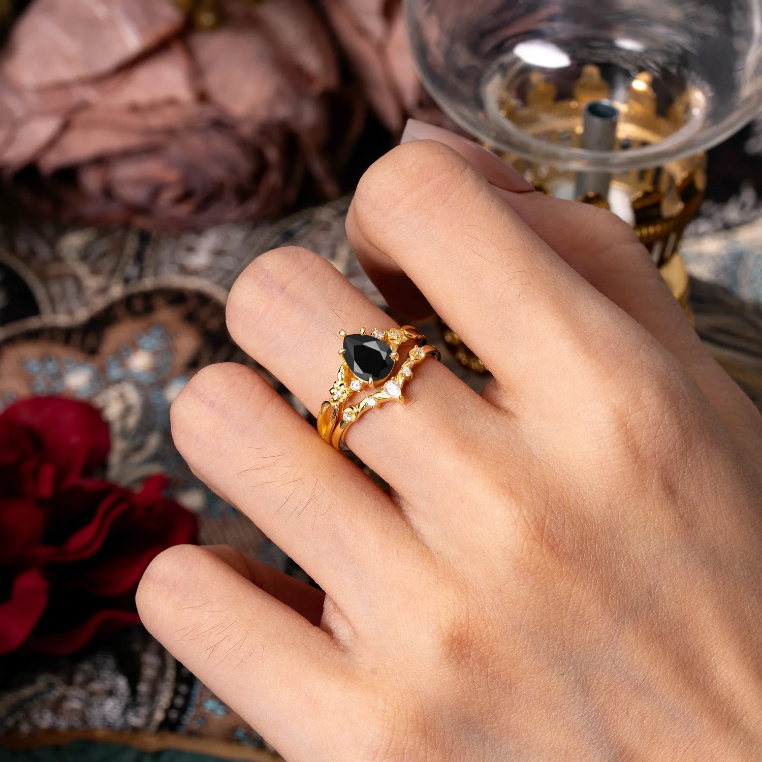 Art Nouveau 5-Prong Pear Cut Black Onyx Bridal Ring Set