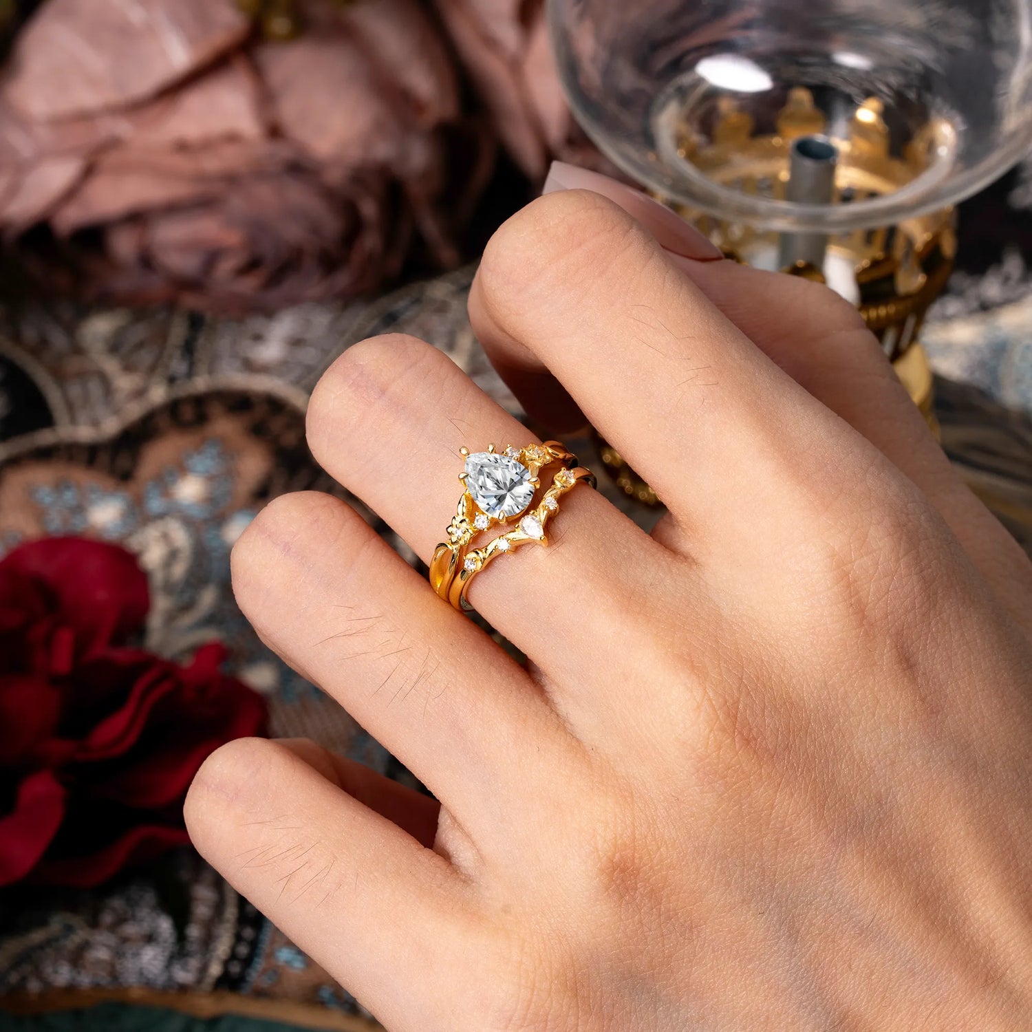 Art Nouveau 5-Prong Pear Cut Lab Diamond Bridal Ring Set