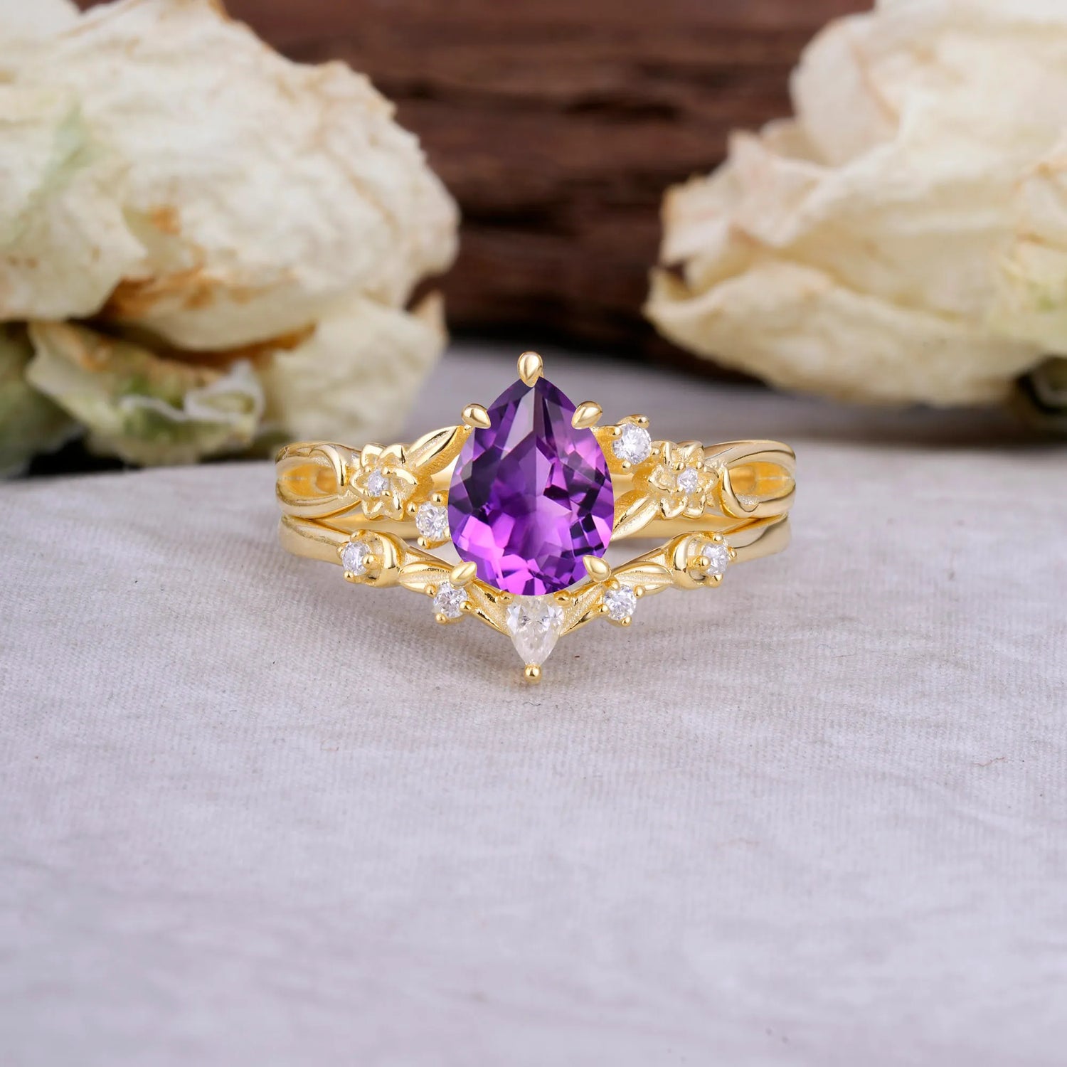 Art Nouveau 5-Prong Pear Cut Amethyst Bridal Ring Set