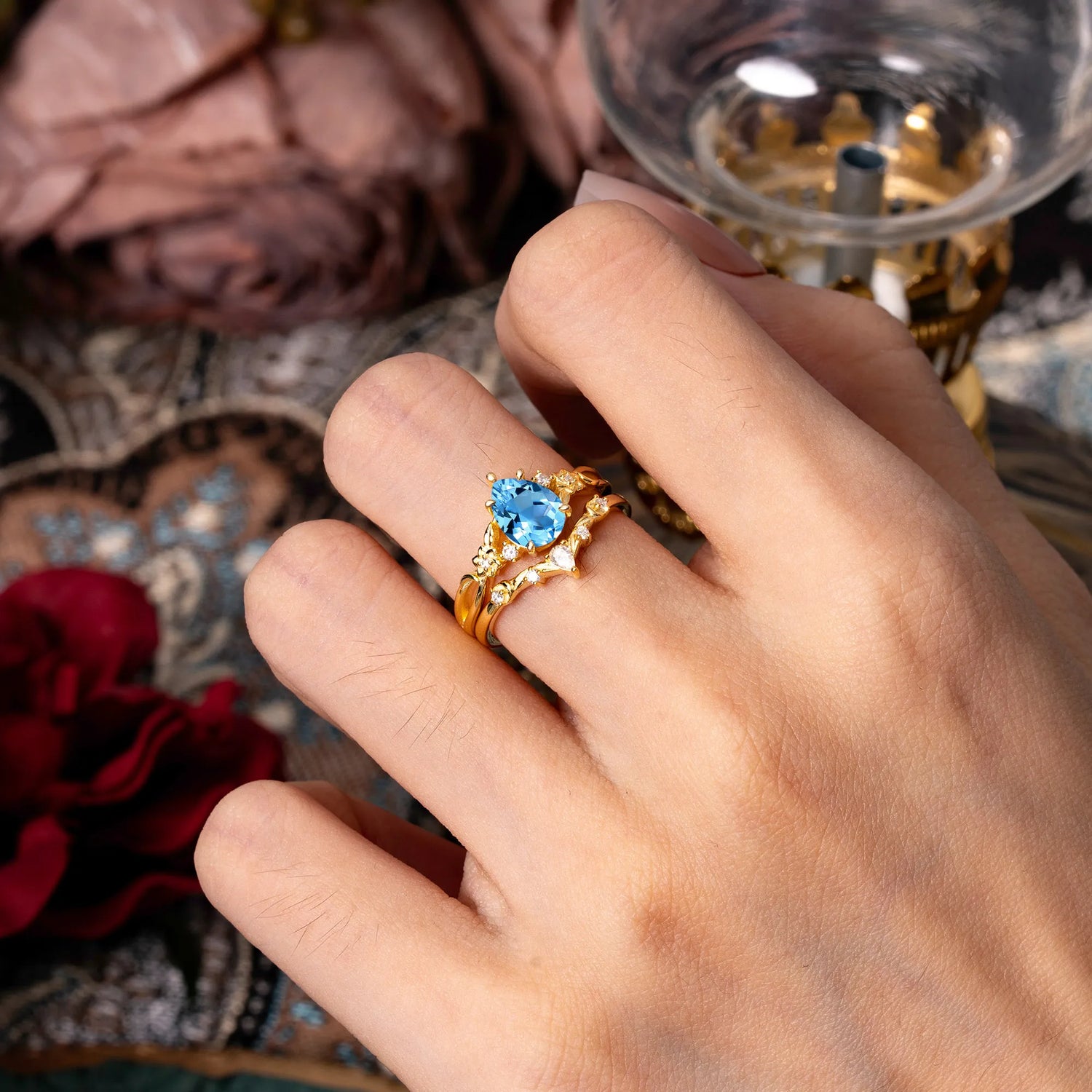 Art Nouveau 5-Prong Pear Cut Aquamarine Bridal Ring Set