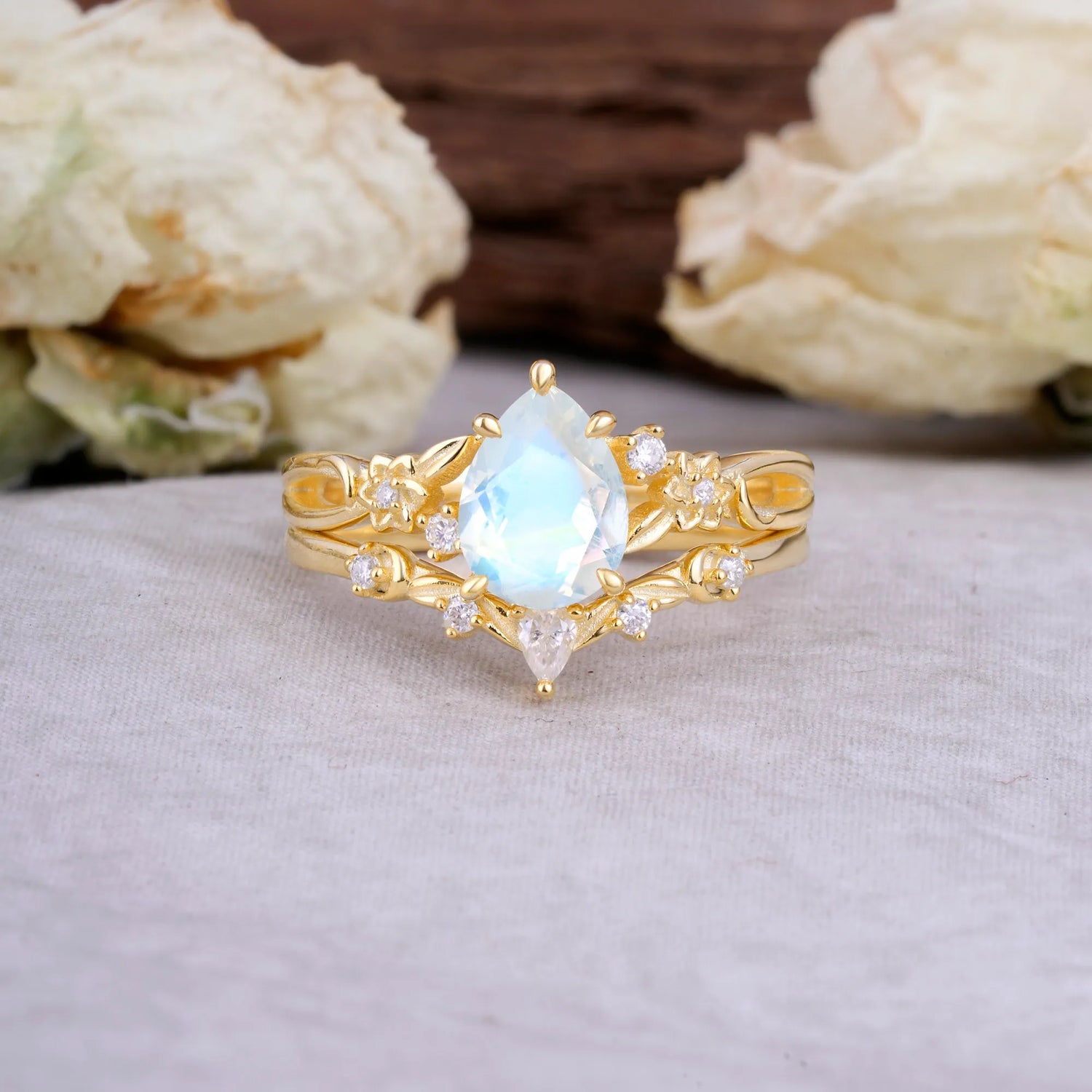 Art Nouveau 5-Prong Pear Cut Moonstone Ring