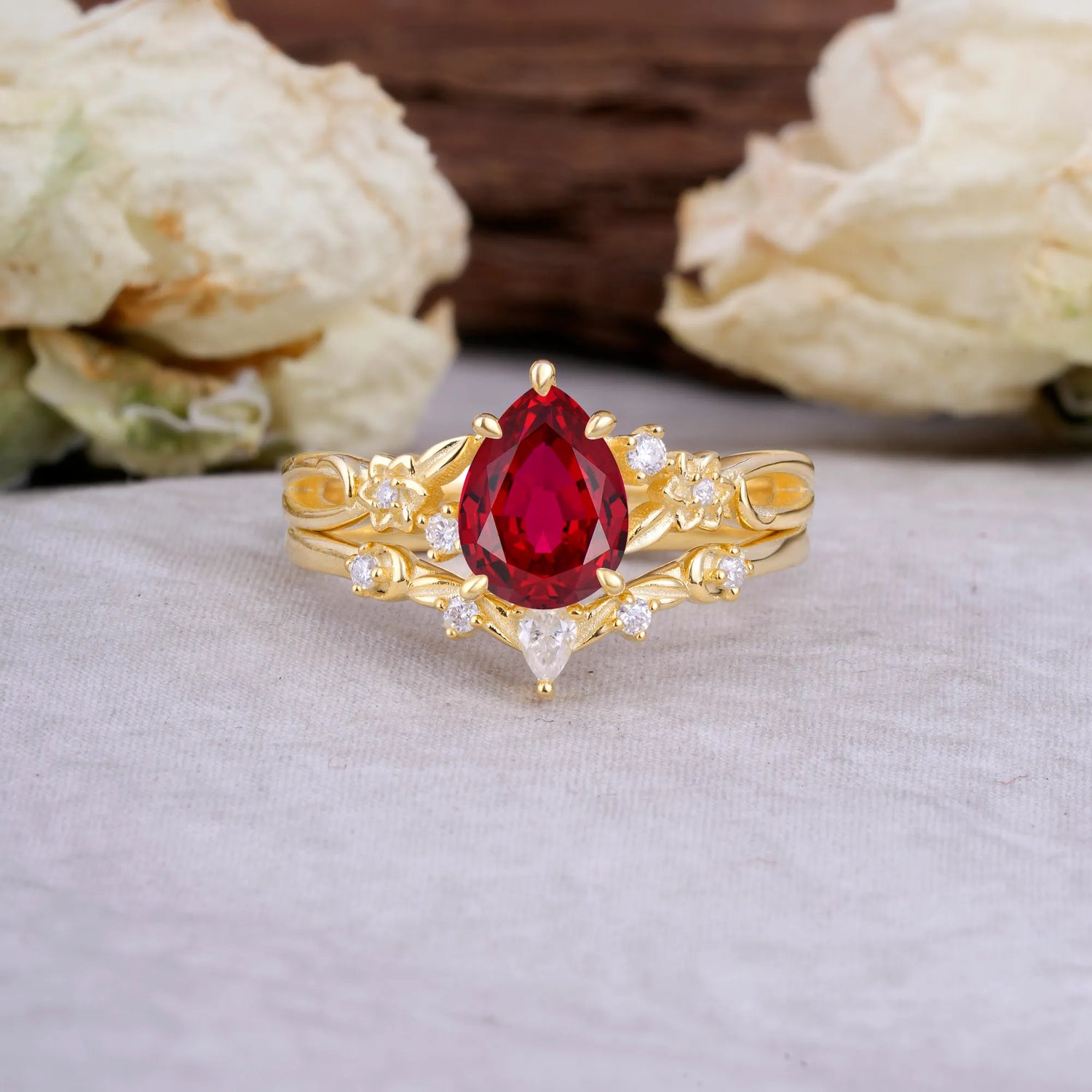 Art Nouveau 5-Prong Pear Cut Ruby Bridal Ring Set