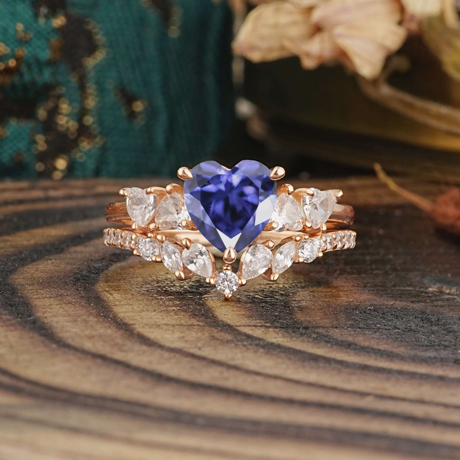 Bohemian Heart 4-Prong Heart Cut Tanzanite Stacking Bridal Ring Set
