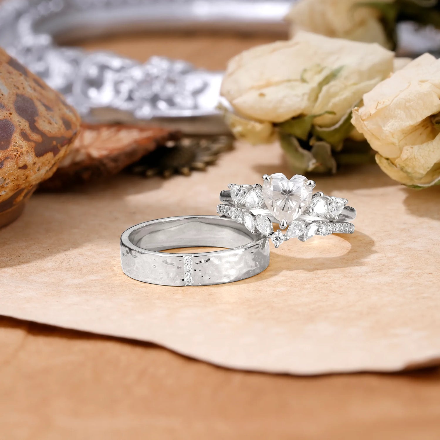 Heart Cut Moissanite 3 Piece Bridal Ring Set with Matching Men's Band