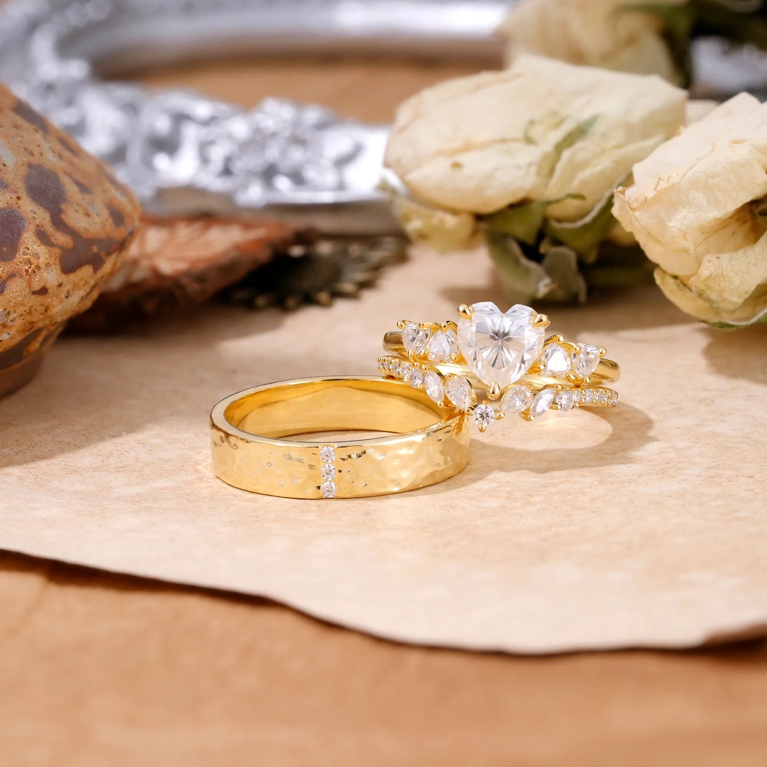 Heart Cut Moissanite 3 Piece Bridal Ring Set with Matching Men's Band