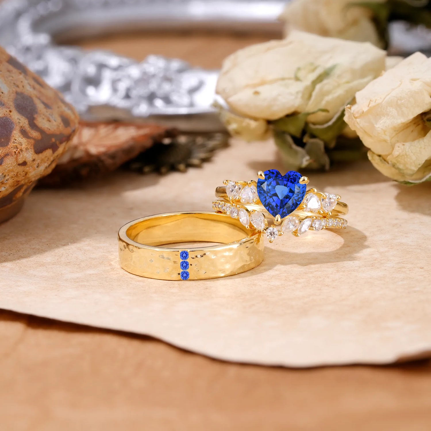 Luxurious 3-Prong Heart-Cut Sapphire Engagement Couple Rings