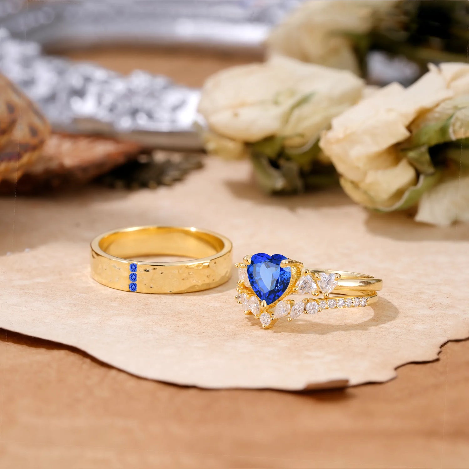 Luxurious 3-Prong Heart-Cut Sapphire Engagement Couple Rings