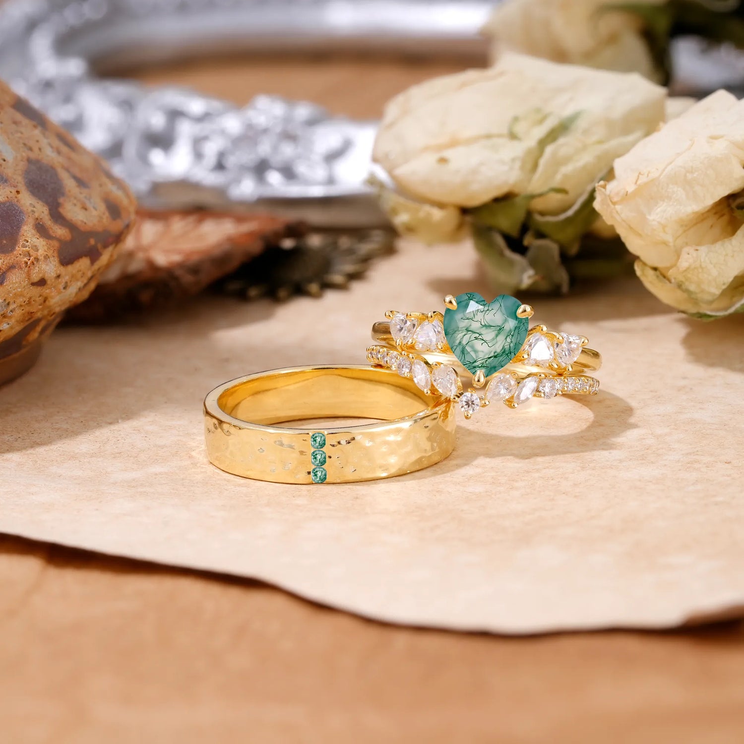 Heart Cut Moss Agate 3 Piece Bridal Ring Set with Matching Men's Band