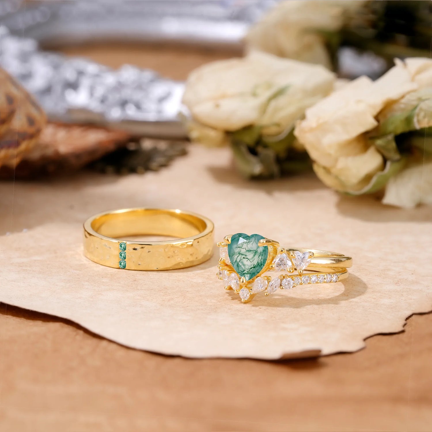 Heart Cut Moss Agate 3 Piece Bridal Ring Set with Matching Men's Band