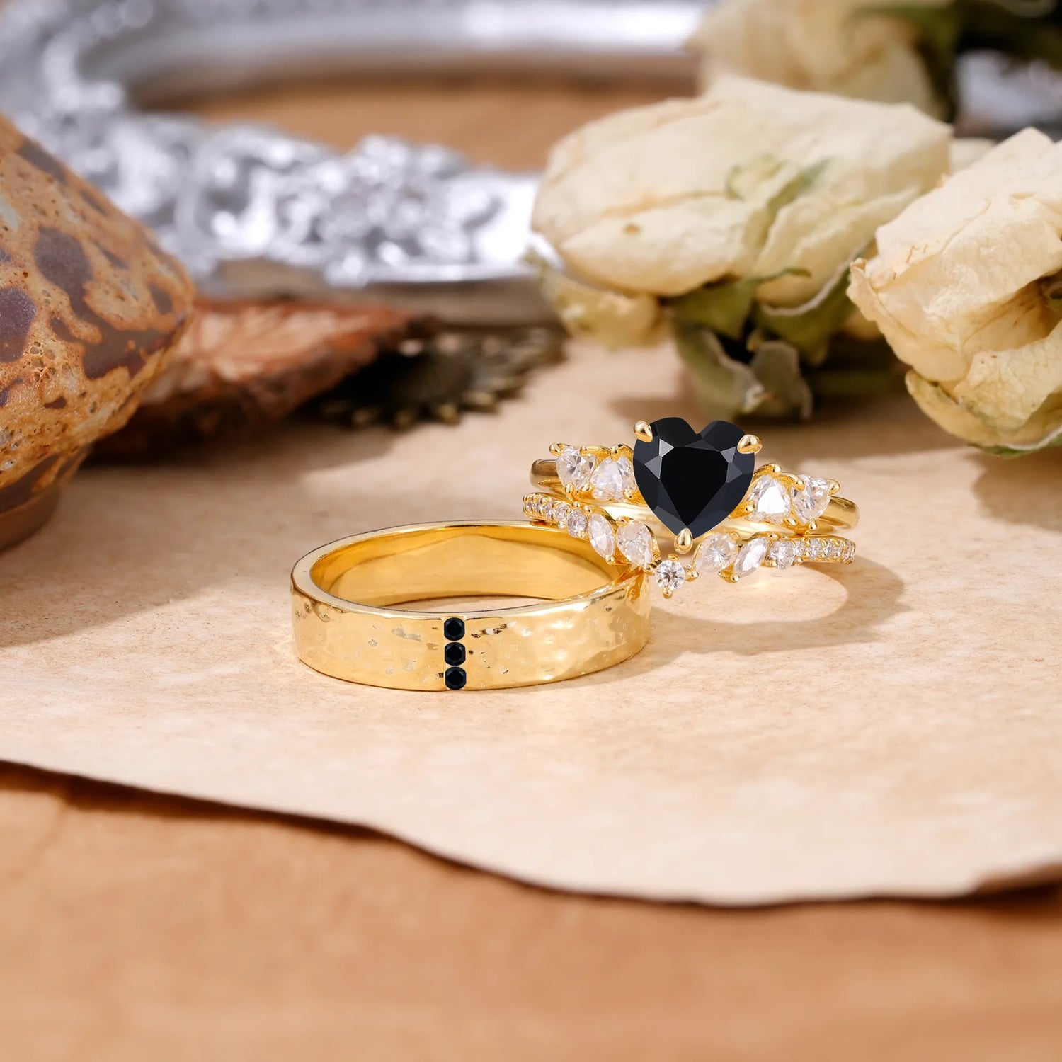 Luxurious 3-Prong Heart-Cut Black Onyx Engagement Couple Rings