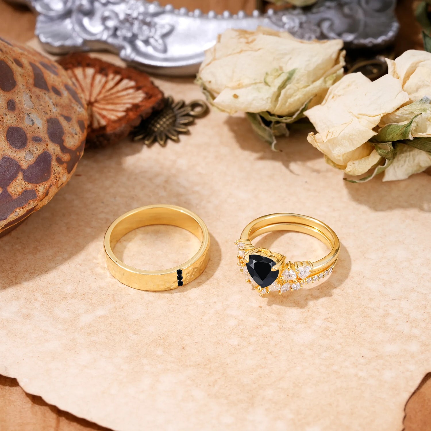 Luxurious 3-Prong Heart-Cut Black Onyx Engagement Couple Rings