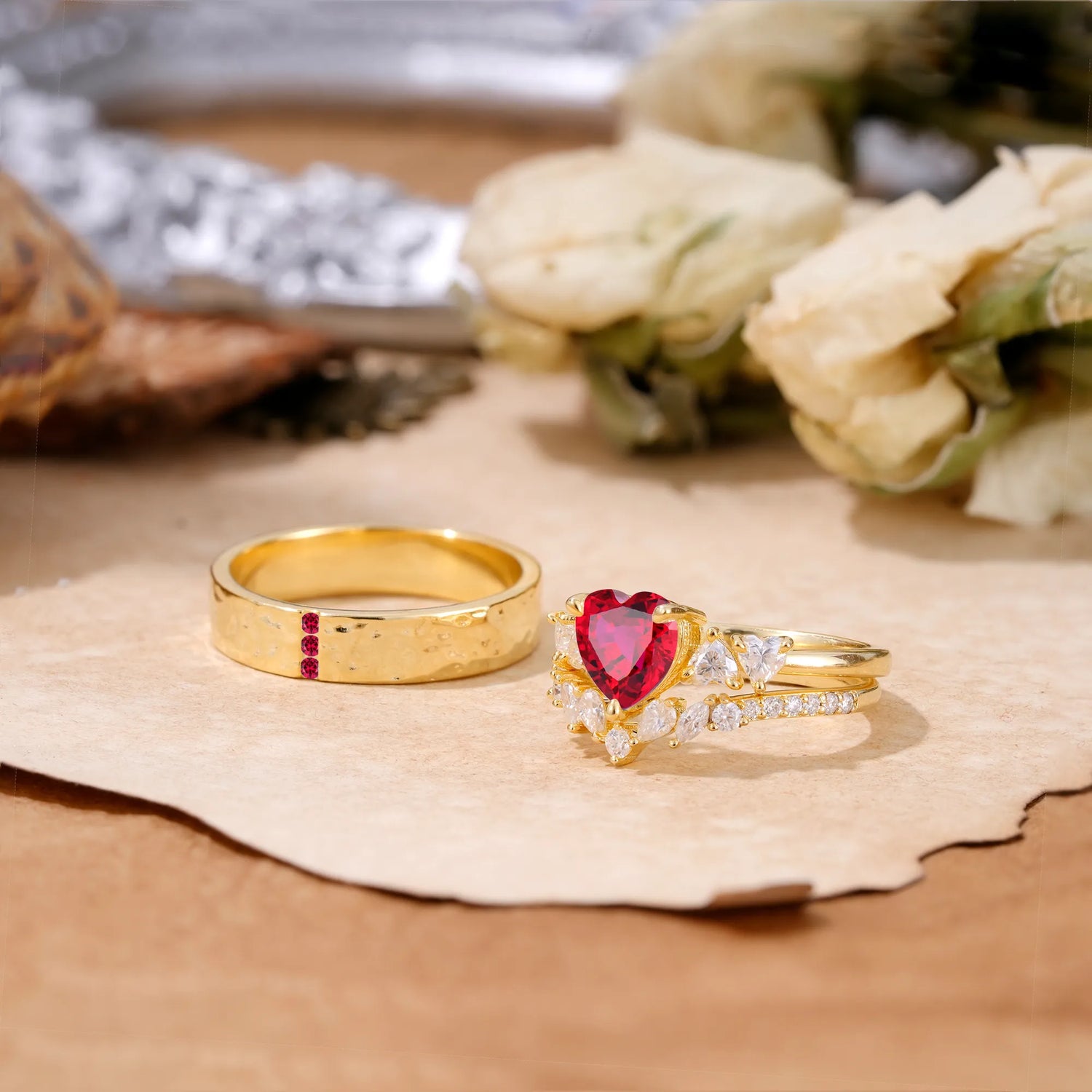 Heart Cut Ruby 3 Piece Bridal Ring Set with Matching Men's Band