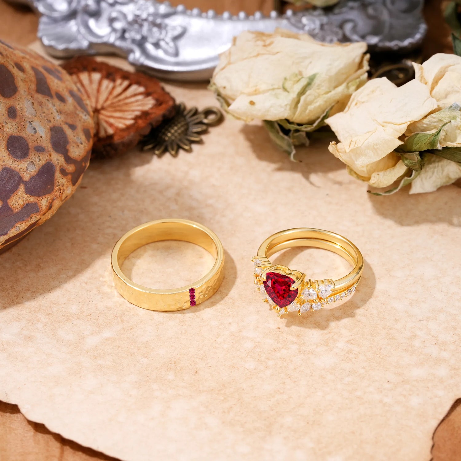 Heart Cut Ruby 3 Piece Bridal Ring Set with Matching Men's Band