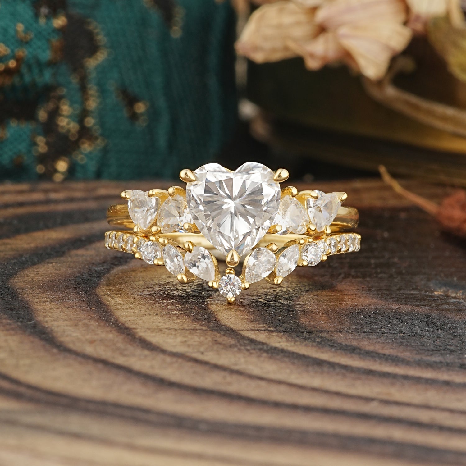Bohemian Heart 3-Prong Heart Cut Moissanite Stacking Ring