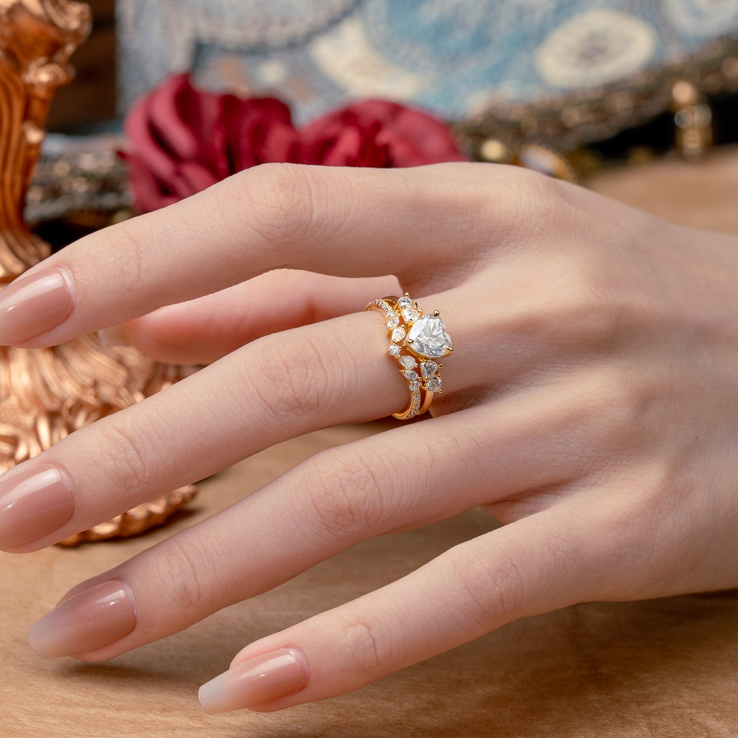 Bohemian Heart 3-Prong Heart Cut Moissanite Stacking Ring