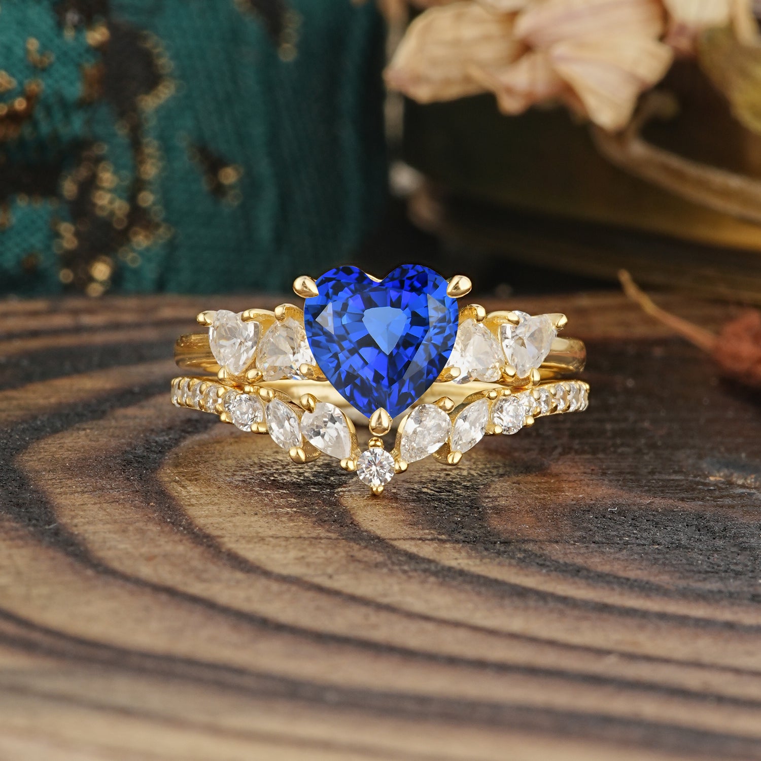 Bohemian Heart 3-Prong Heart Cut Sapphire Stacking Bridal Ring Set