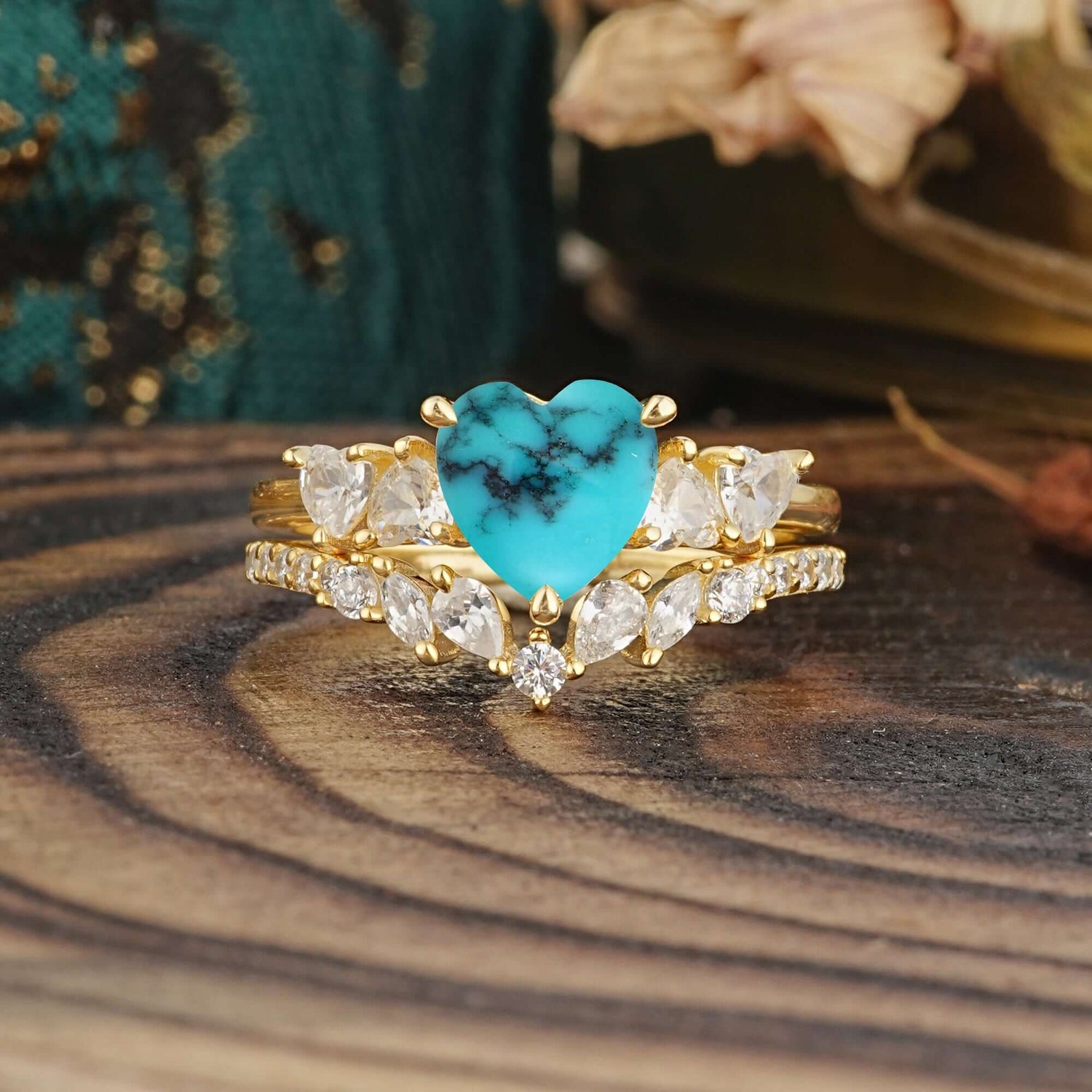 Bohemian Heart 3-Prong Heart Cut Turquoise Stacking Bridal Ring Set