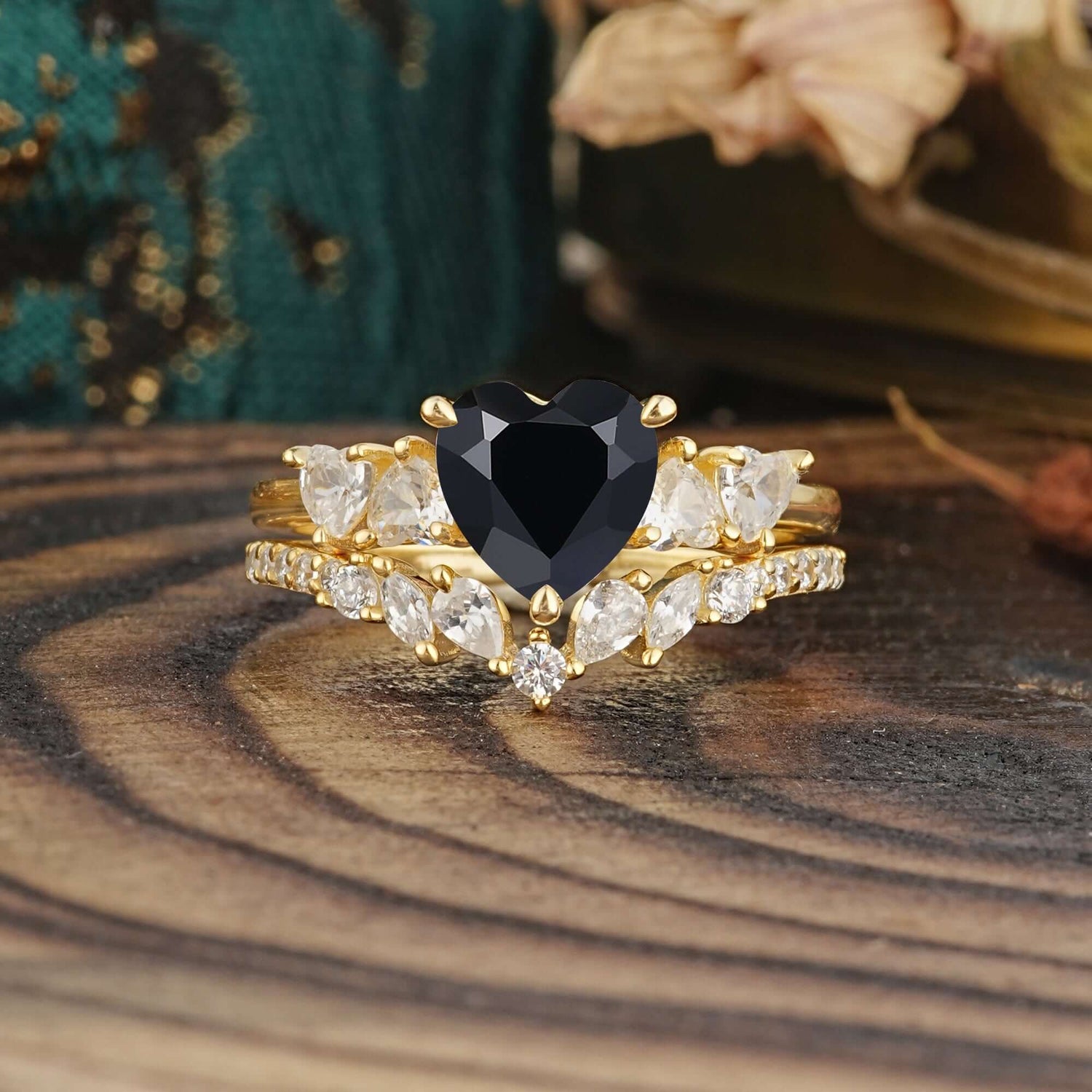 Bohemian Heart 4-Prong Heart Cut  Black Onyx Stacking Bridal Ring Set