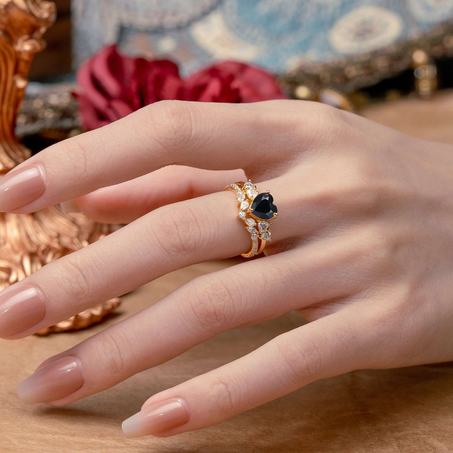 Bohemian Heart 4-Prong Heart Cut  Black Onyx Stacking Bridal Ring Set