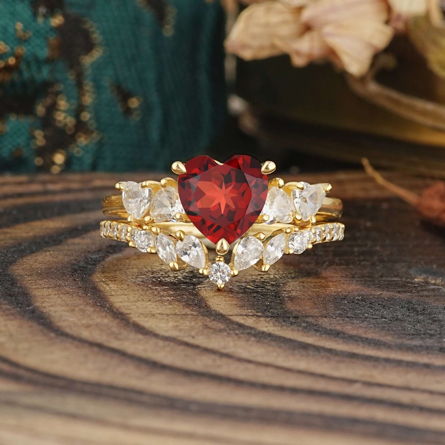 Bohemian Heart 4-Prong Heart Cut Garnet Stacking Bridal Ring Set