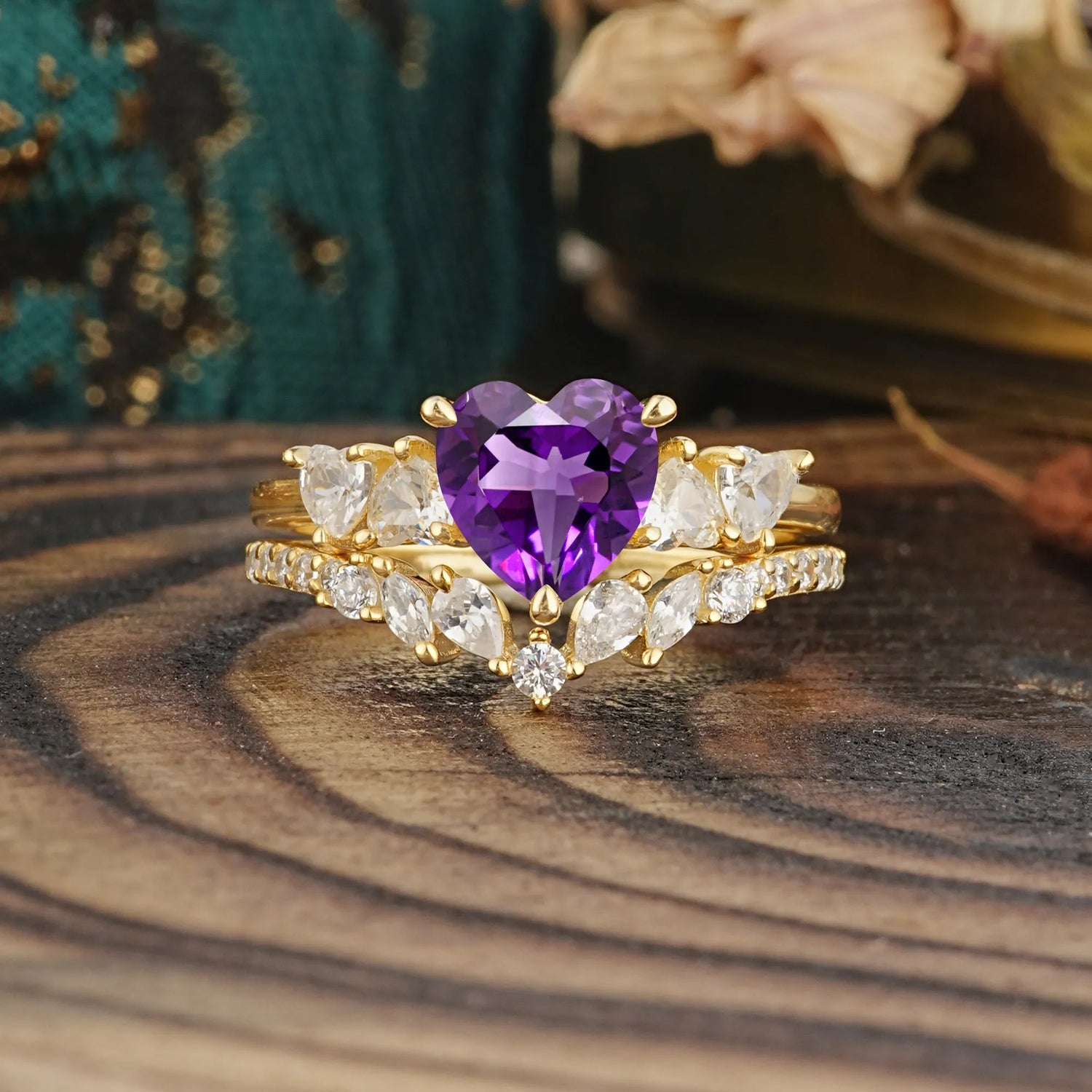 Bohemian Heart 4-Prong Heart Cut Amethyst Stacking Bridal Ring Set