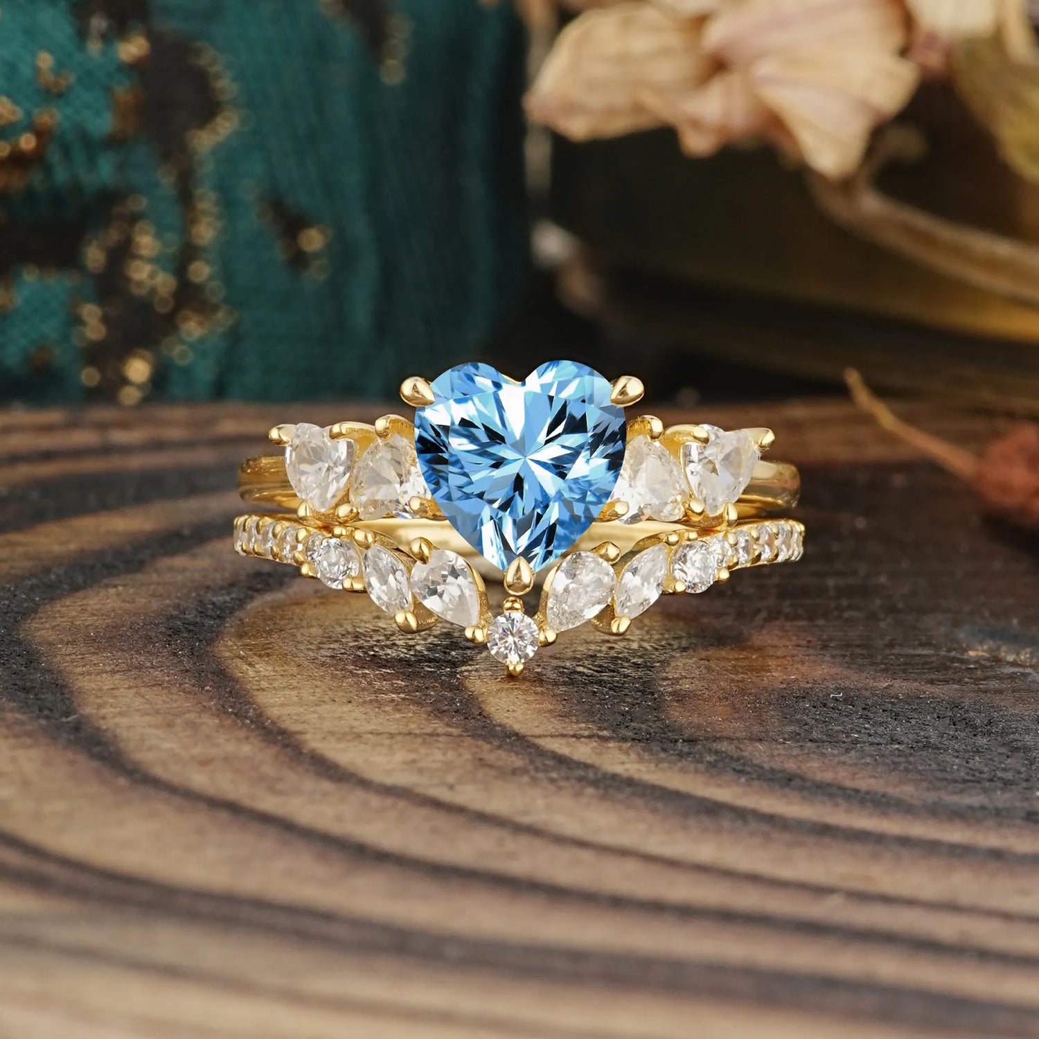 Bohemian Heart 3-Prong Heart Cut Aquamarine Stacking Bridal Ring Set