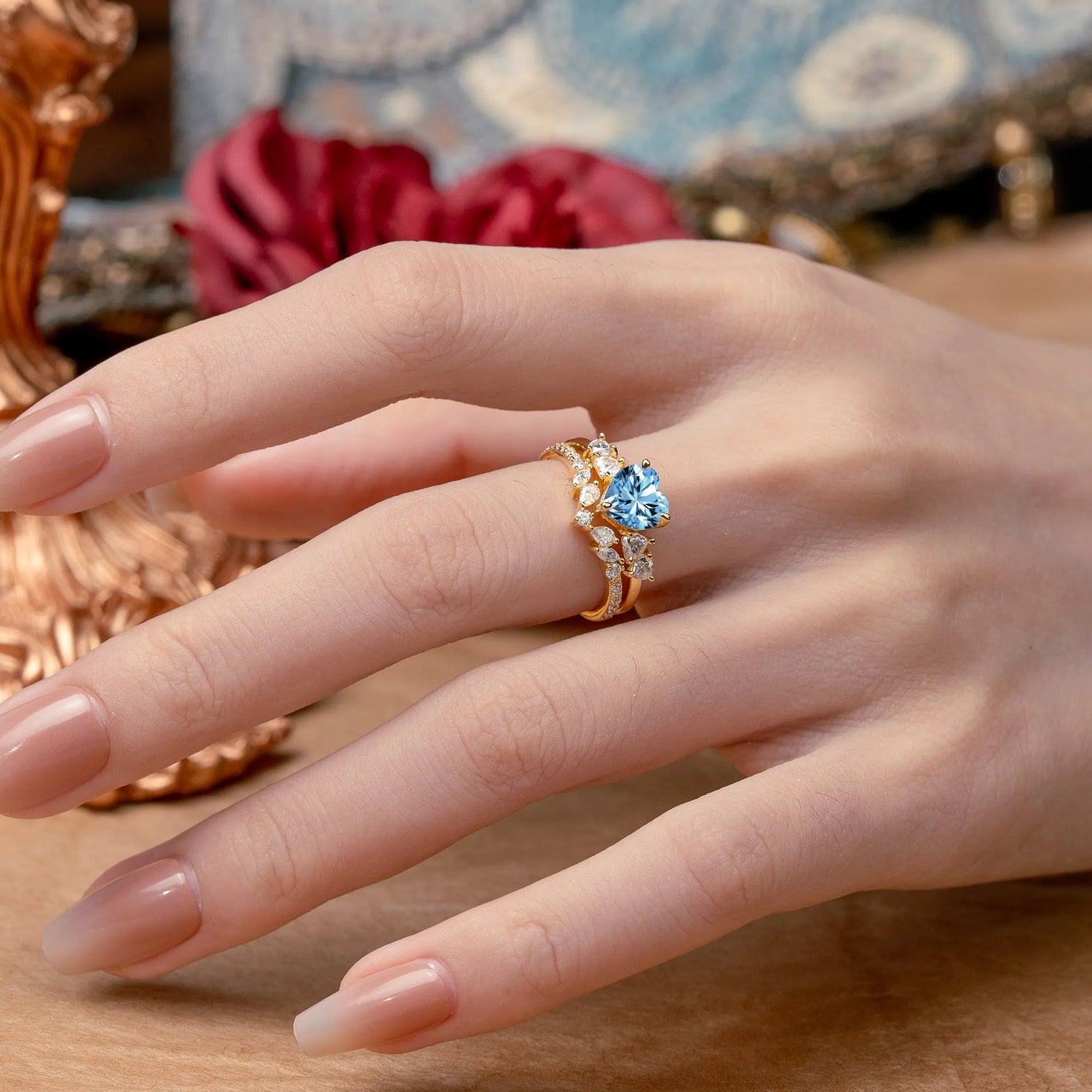 Bohemian Heart 3-Prong Heart Cut Aquamarine Stacking Bridal Ring Set