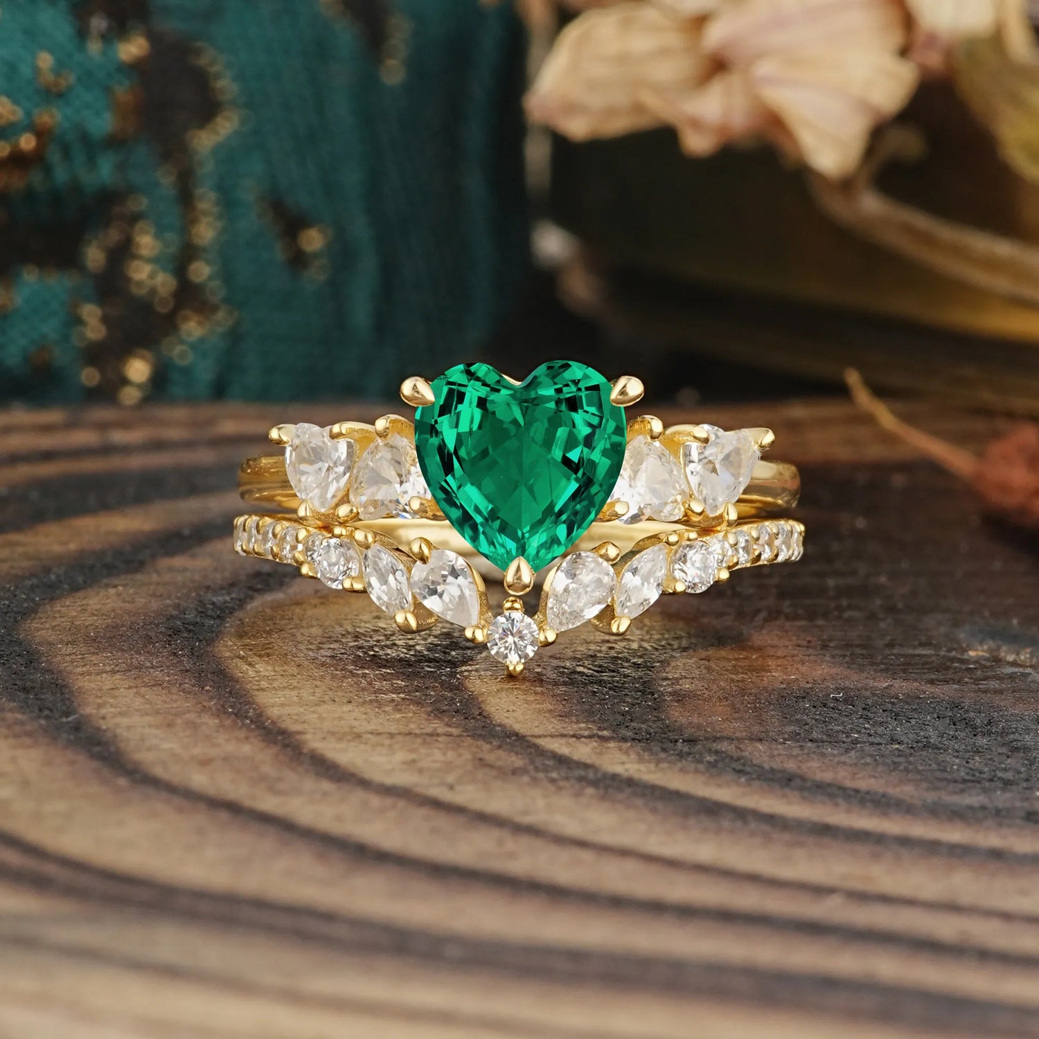 Bohemian Heart 3-Prong Heart Cut Emerald Stacking Bridal Ring Set