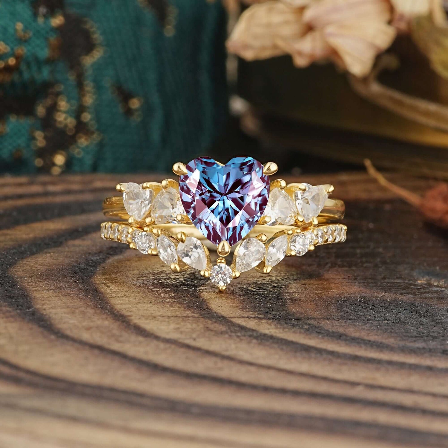 Bohemian Heart 3-Prong Heart Cut Alexandrite Stacking Bridal Ring Set