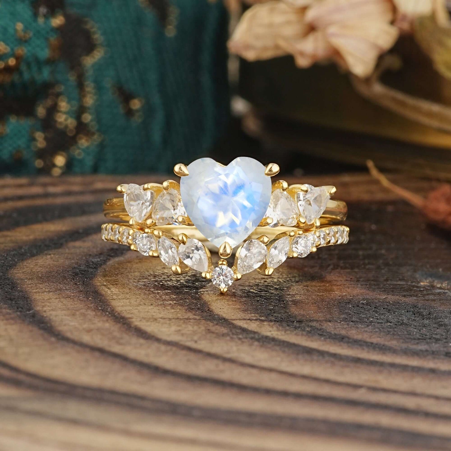 Bohemian Heart 4-Prong Heart Cut Moonstone Stacking Bridal Ring Set