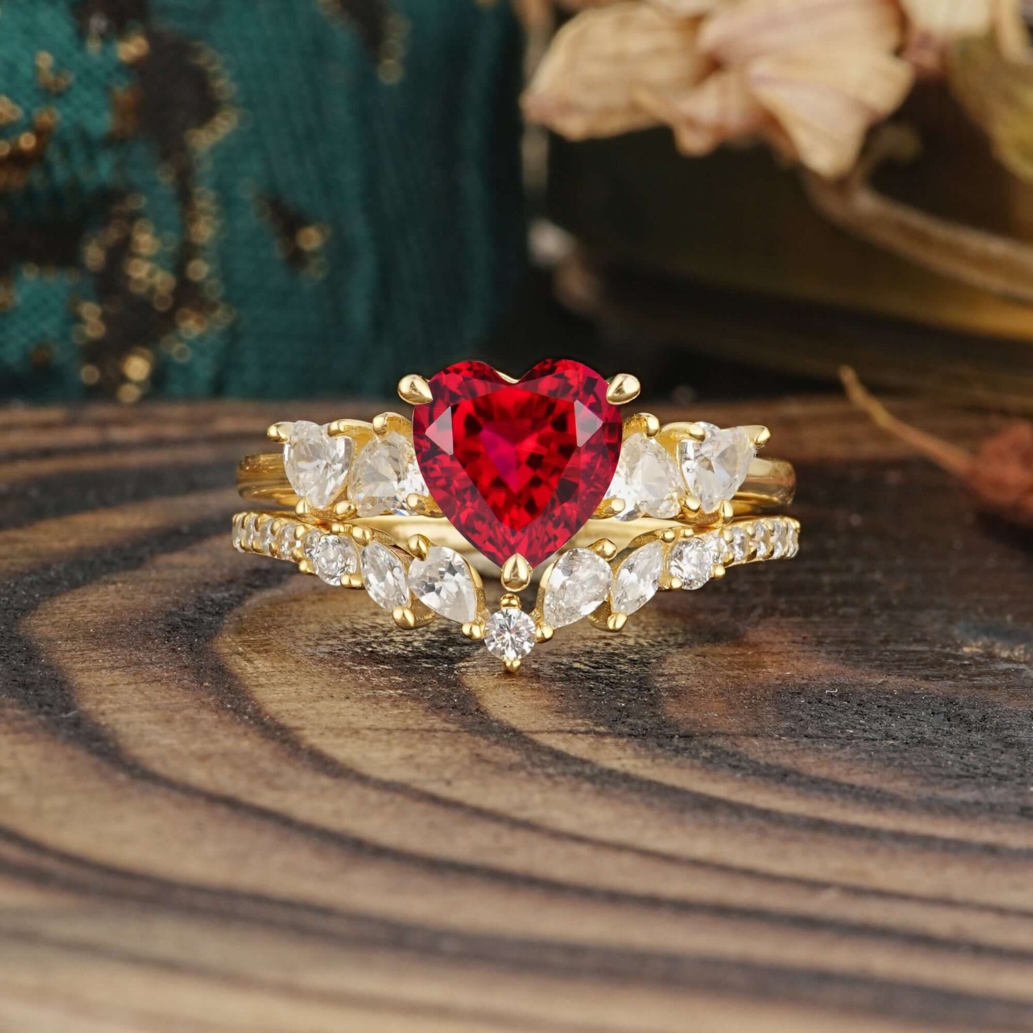 Bohemian Heart 3-Prong Heart Cut Ruby Stacking Bridal Ring Set