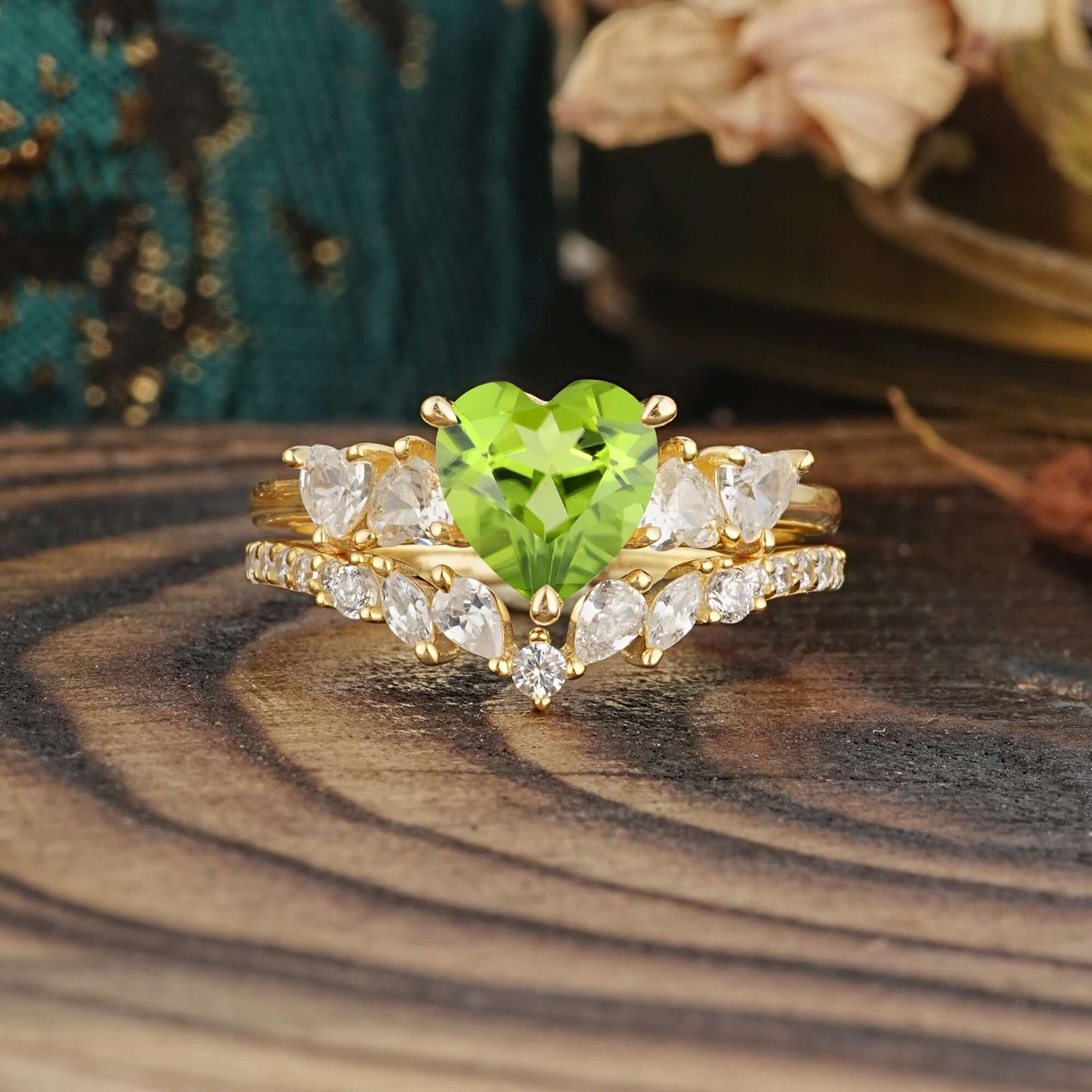 Bohemian Heart 4-Prong Heart Cut Peridot Stacking Bridal Ring Set