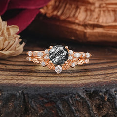 Vintage Botanical 4-Prong Round Cut Natural Black Rutilated Quartz Ring Set