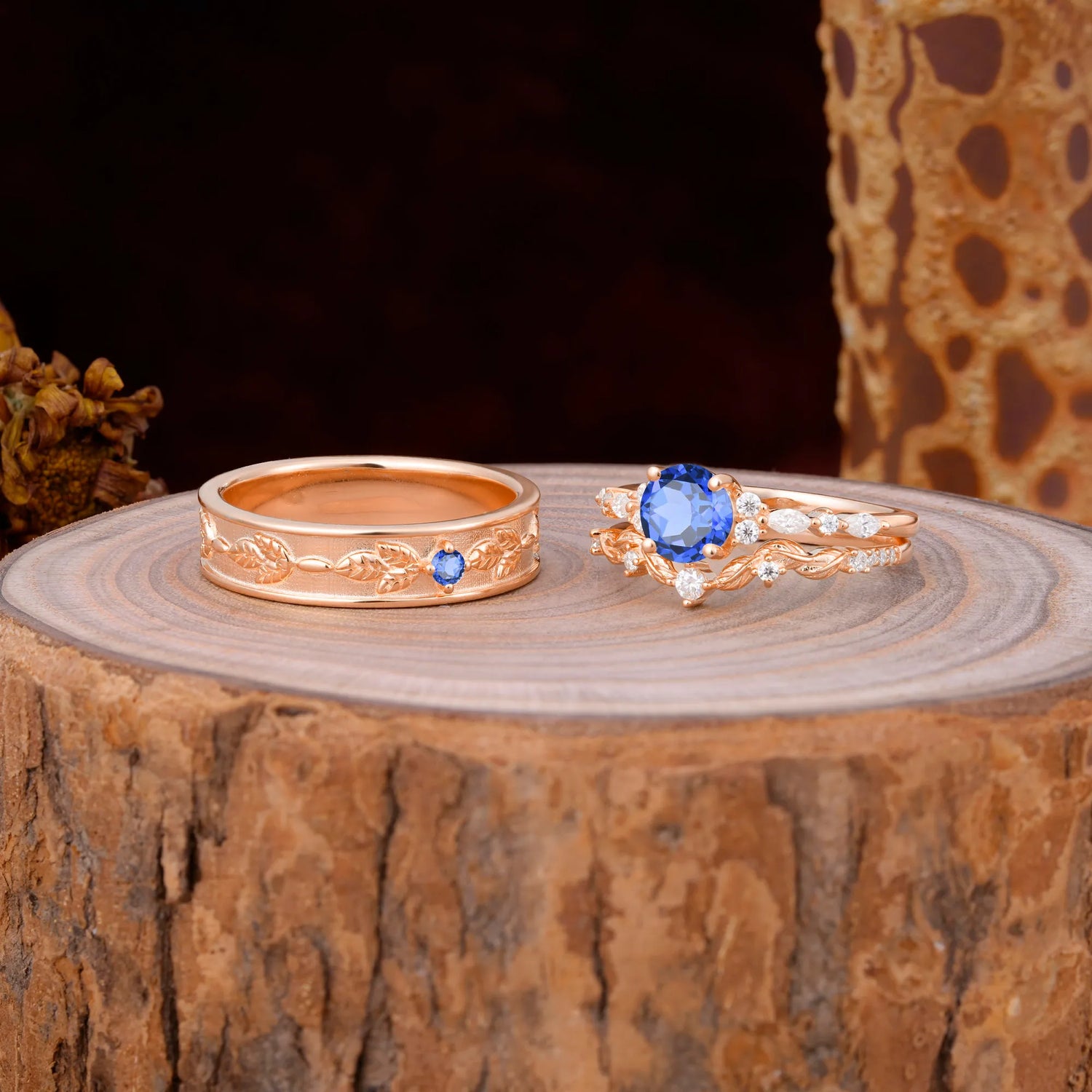 Unique Leaf Engraved Sapphire Couple Rings for Engagement