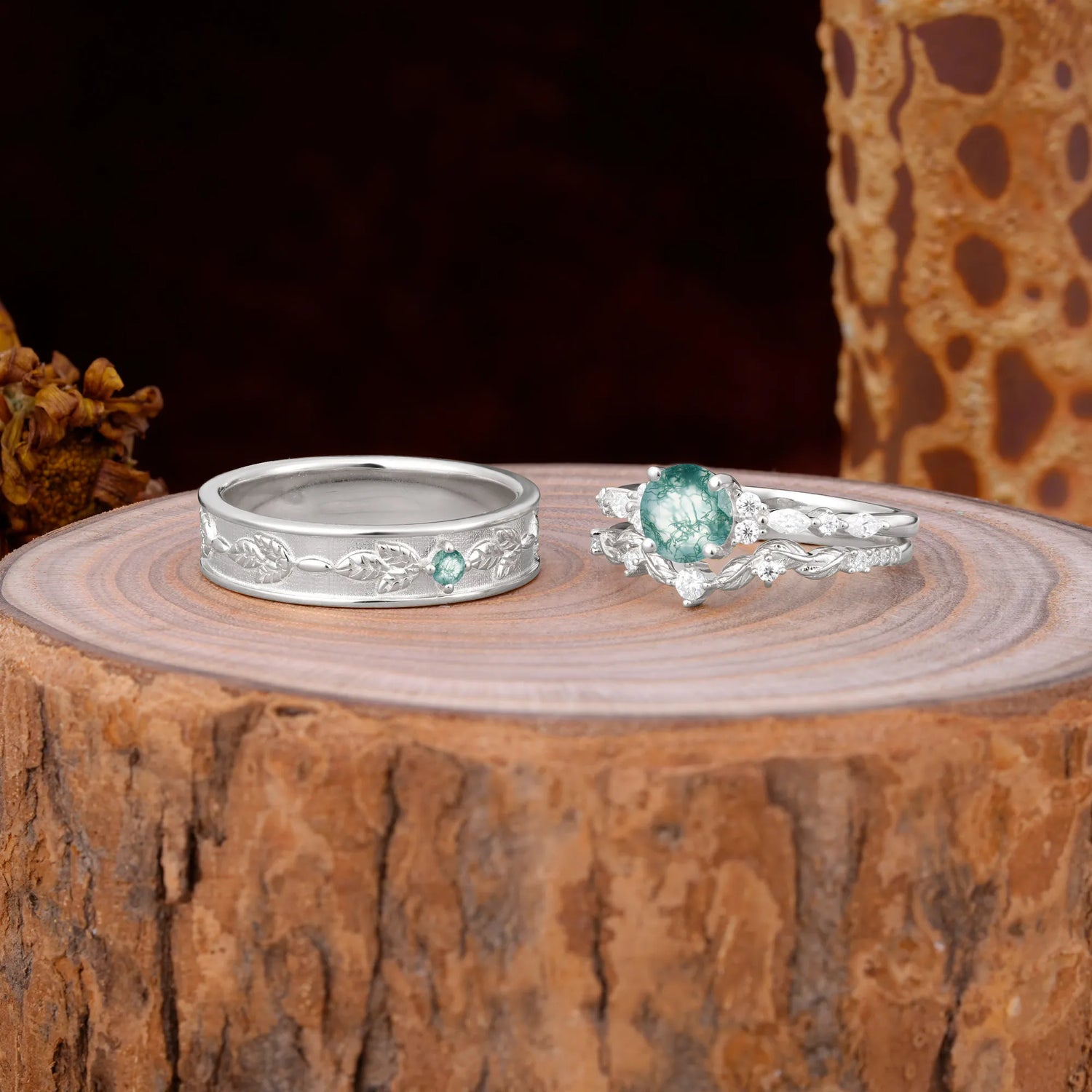 Unique Leaf Engraved Moss Agate Couple Rings for Engagement
