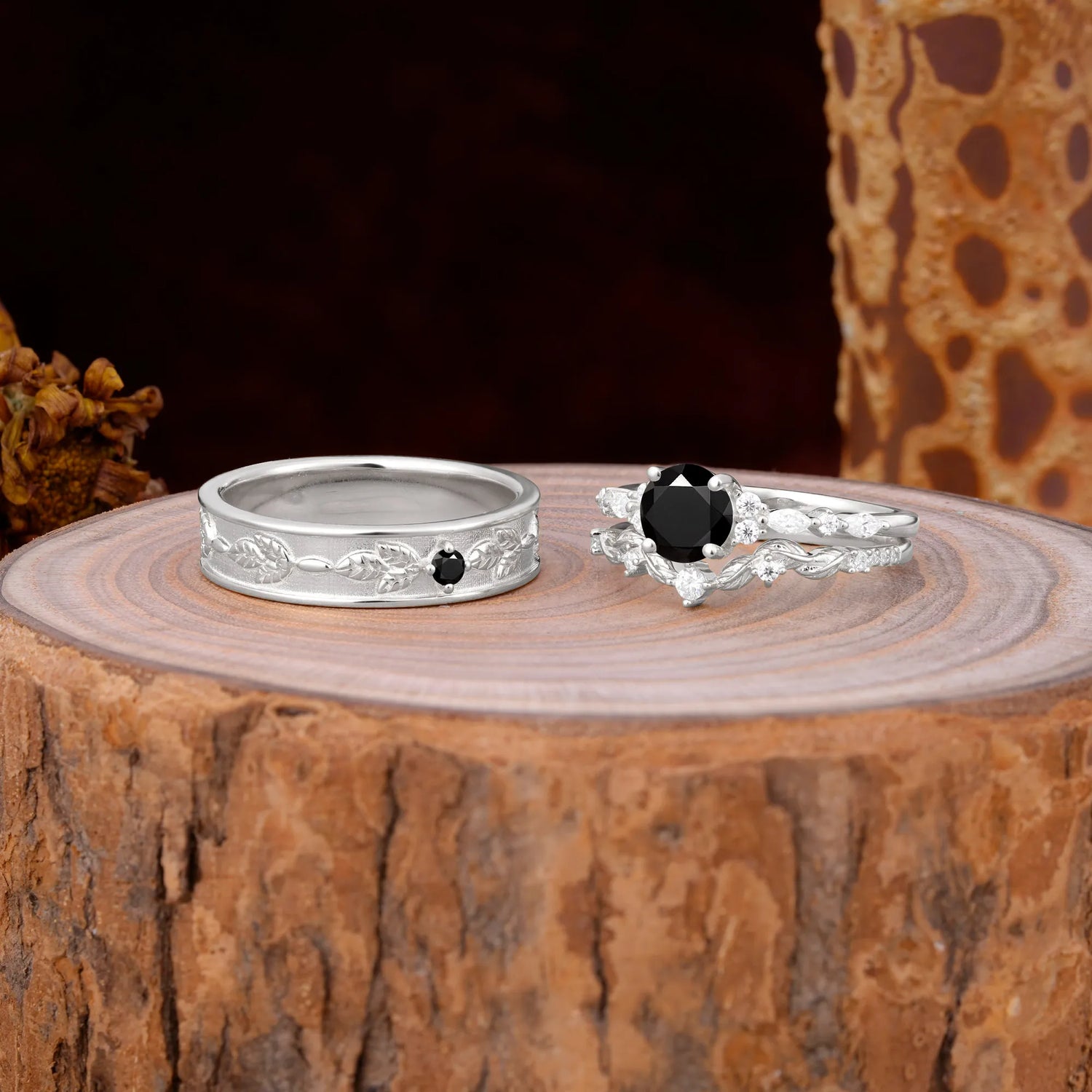 Unique Leaf Engraved Black Onyx Couple Rings for Engagement